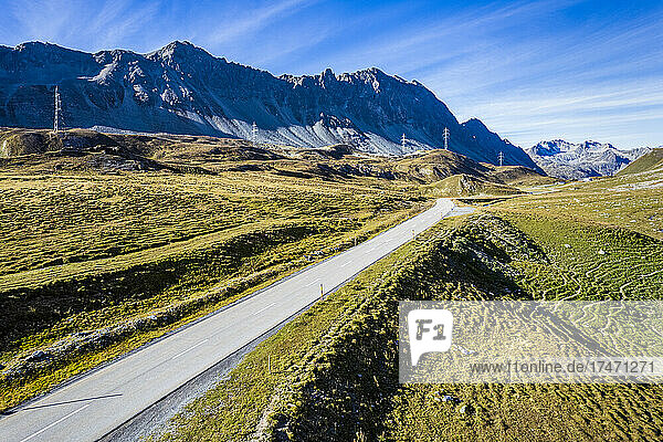 Empty road on mountain at Albula Pass  Graubunden  Switzerland