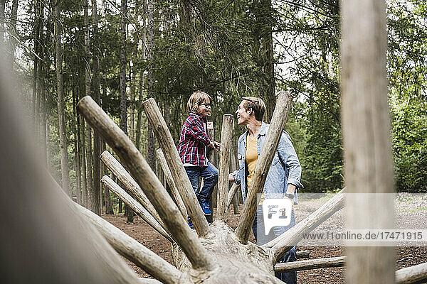 Father looking at son standing on tree trunk in forest