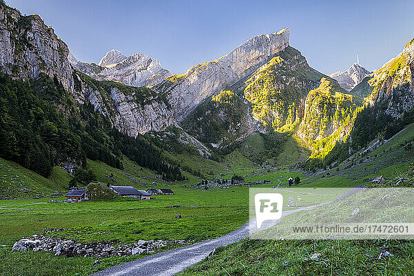 Green valley in Alpstein range at dawn