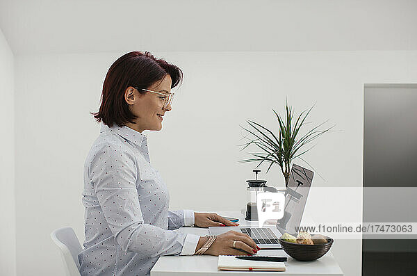 Smiling freelancer working on laptop from home office