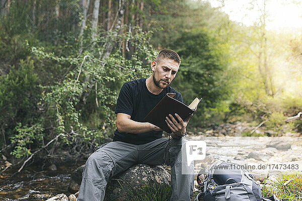 Man reading diary while sitting on rock in forest