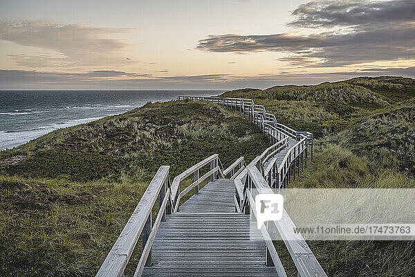 Empty coastal boardwalk at dusk