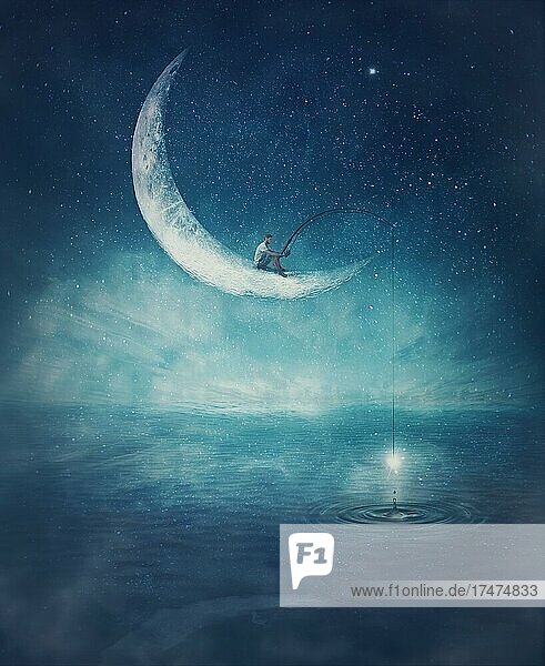Surreale Szene mit einem Jungen  der mit einer Angel in der Hand auf einer Mondsichel sitzt und nach Sternen angelt. Magisches Abenteuer-Konzept. Wunderbarer Sternenhimmel  der sich über dem klaren blauen Wasser des Ozeans spiegelt