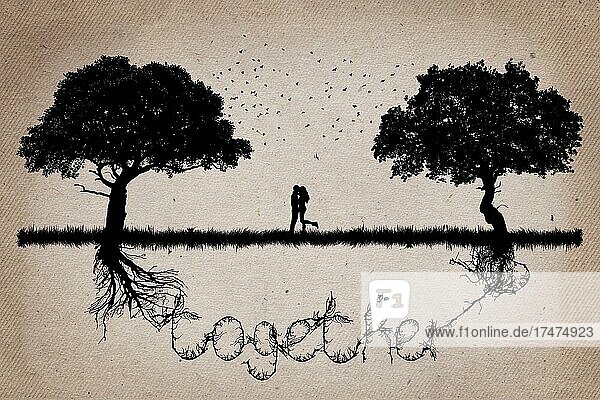 Zwei Bäume voreinander  deren Wurzeln in Form des Wortes zusammenwachsen  und ein Paar  das sich in der Mitte umarmt. Romantische Szene. Beziehung Liebe und Zweisamkeit Konzept