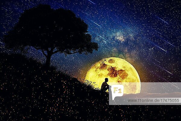 Ein Junge sitzt allein auf einem Hügel inmitten der Natur,  im Hintergrund eine Vollmondnacht. Stehen weg von der Menge,  warten auf die heilende Kraft der Natur