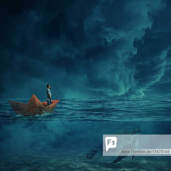 Junge in einem orangefarbenen Papierboot segeln verloren im Meer  in einer stürmischen Nacht und eine riesige Schildkröte unter Wasser  als Führer  zeigen ihm den Weg nach Hause. Abenteuer und Reise Konzept