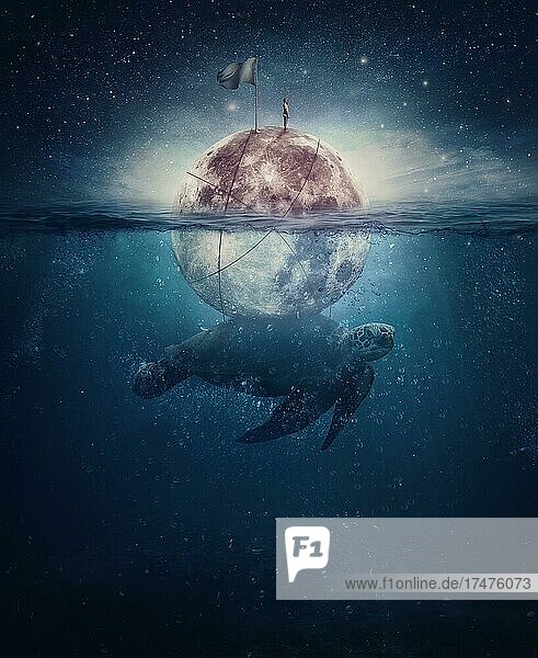 Surreale Szene mit einer Schildkröte  einem riesigen Meerestier  das den Vollmond trägt  mit einem einsamen Seemann an der Spitze. Fantasievolle Unterwasser-Meereslandschaft und Sternenhimmel darüber. Magische Nachtansicht  imaginäres Segelabenteuer