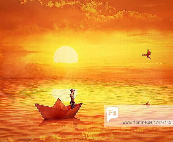 Silhouette eines einsamen Jungen in einem Papierboot segeln verloren im Meer  gegen orange Sonnenuntergang Himmel und eine Taube fliegen  um das Ufer zu finden. Abenteuer und Reise Konzept  auf der Suche nach Hilfe