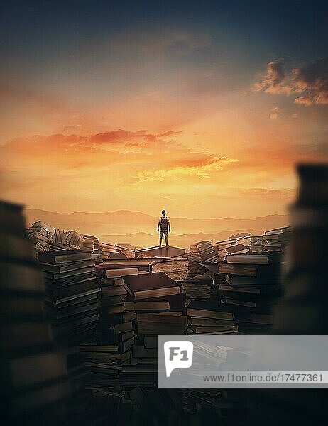 Surrealistische Szene mit einem kleinen Mann  der auf die Spitze einer riesigen Bücherdeponie klettert. Verschiedene geworfene Bücherstapel und eine Person Silhouette gegen Sonnenuntergang. Pädagogisches Konzept  auf der Suche nach Wissen
