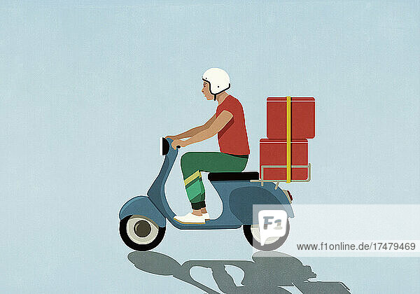 Mann mit Helm fährt Motorroller mit roten Kisten