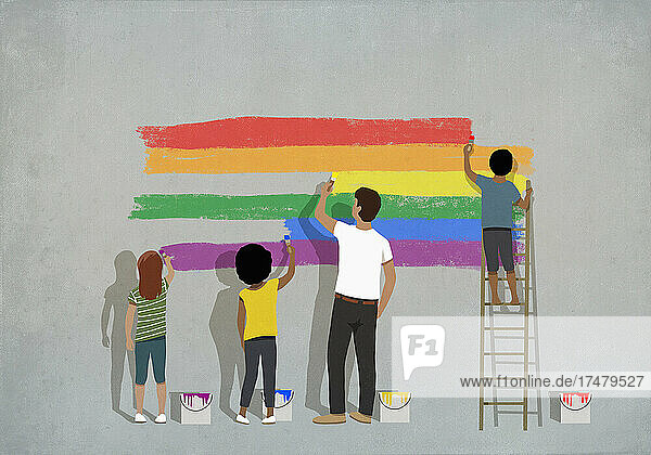 Gemeinschaft malt Regenbogen an die Wand