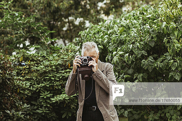 Älterer Mann fotografiert mit Kamera gegen Pflanzen im Park