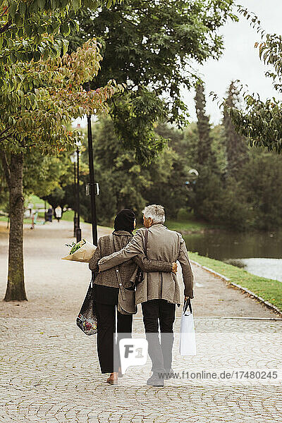 Rückansicht eines älteren Paares  das auf einem Fußweg im Park spazieren geht