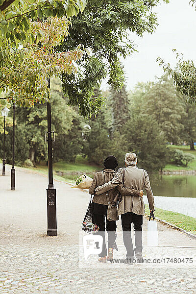 Rückansicht eines älteren Paares  das auf einem Fußweg im Park die Arme verschränkt