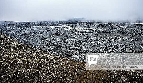Touristin blickt über Lavafeld  Lava und Lavafluss  Fagradalsfjall  Krýsuvík-Vulkansystem  Reykjanes Halbinsel  Island  Europa