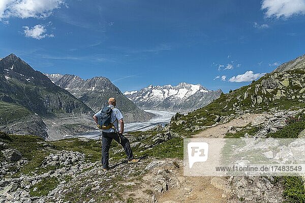 Wanderer beim Weltnaturerbe Aletschgletscher  Riederalp  Wallis  Schweiz  Europa