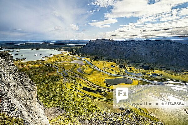View from Skierffe mountain over the Rapadalen river delta  Rapaälv river  Sarek National Park  Laponia  Lapland  Sweden  Europe