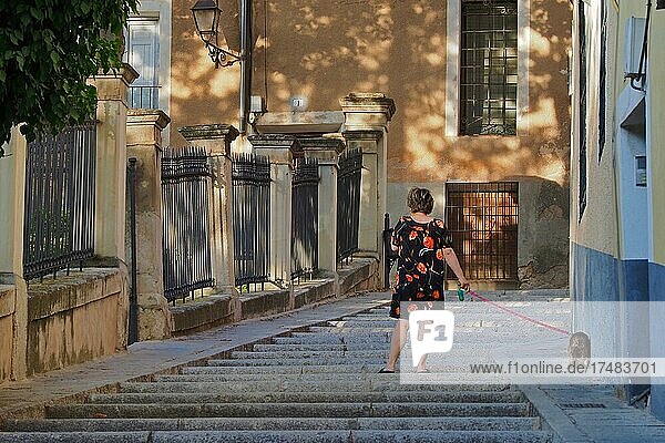 Frau von hinten führt Hund Gassi  Frau beim Gassi gehen auf Treppe  Frau mit Blumenkleid und Hund  Hundespaziergang  Flexileine  Hundegeschäft  Pipirunde  Frau in Kleinstadt  Cuenca  Kastilien-La Mancha  Spanien  Europa