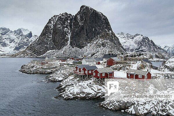 Winterliche Landschaft mit farbigen skandinavischen Bootshäusern  Hamnøy  Nordland  Lofoten  Norwegen  Europa