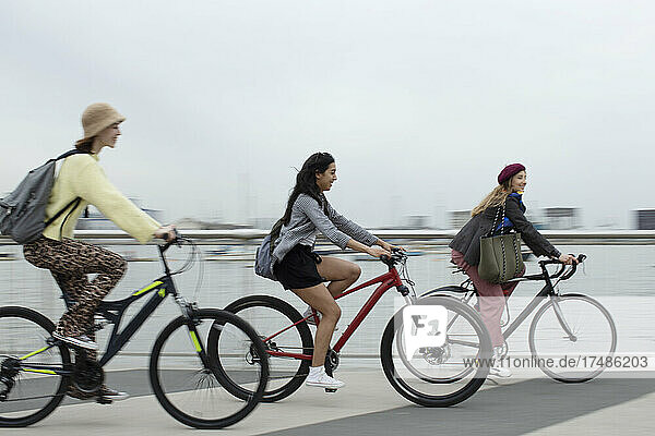 Young women friends riding bicycles along waterfront