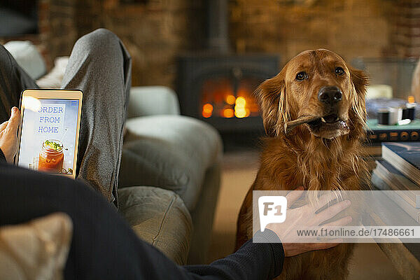 Mann mit Hund  der über ein digitales Tablet einen Imbiss bestellt