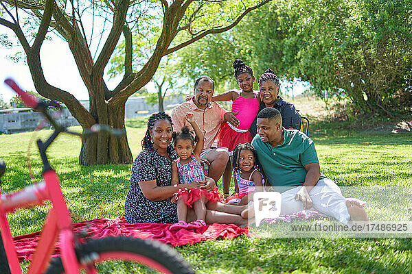 Mehrgenerationenfamilie posiert im Sommerpark