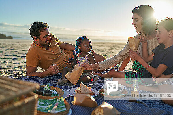 Happy family enjoying picnic on sunny summer beach