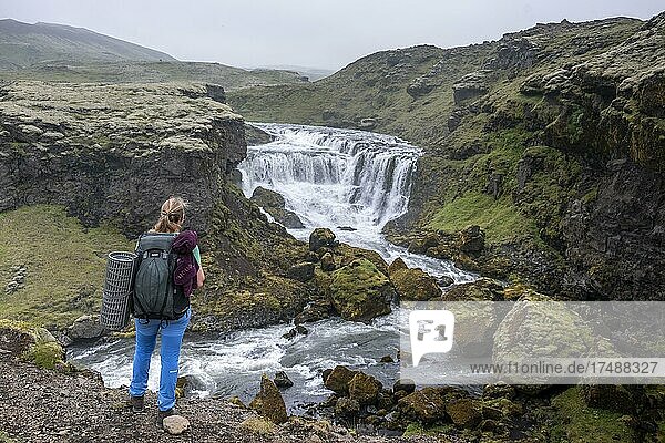 Hiker with large hiking backpack in front of waterfall  landscape at the Fimmvörðuháls hiking trail  South Iceland  Iceland  Europe