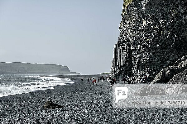 Basaltsäulen  Blick über den Reynisfjara Strand  Schwarzer Sandstrand  Dyrhólaey  Südisland  Island  Europa