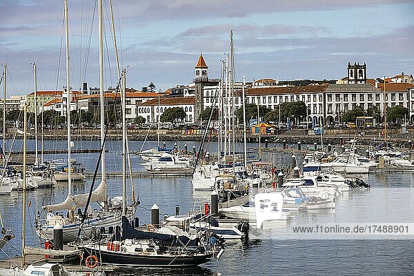 Blick über den Jachthafen und der Promenade von Ponta Delgada  Insel Sao Miguel  Azoren  Portugal  Europa