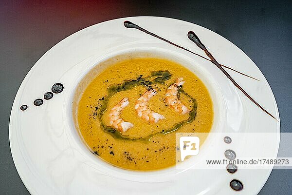 Salmorejo cold soup served with shrimps in Sierra Nevada  Spain  Europe