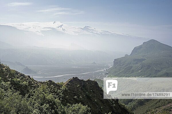 Panorama  mountains and glacier river in a mountain valley  wild nature  Eyjafjallajökull glacier in the back  Icelandic Highlands  Þórsmörk  Suðurland  Iceland  Europe