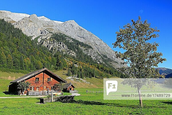 Alpine hut in front of mountain range  autumn  Eng-Alm  Großer Ahornboden  Karwendel  Austria  Europe