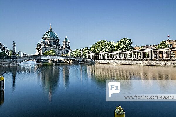 Berlin Cathedral on Museum Island with Friedrichsbrücke over the Spree  Berlin  long exposure  Germany  Europe
