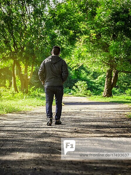 Mann  der eine verlassene Straße hinuntergeht  der rückwärts auf einer von Vegetation umgebenen Straße geht