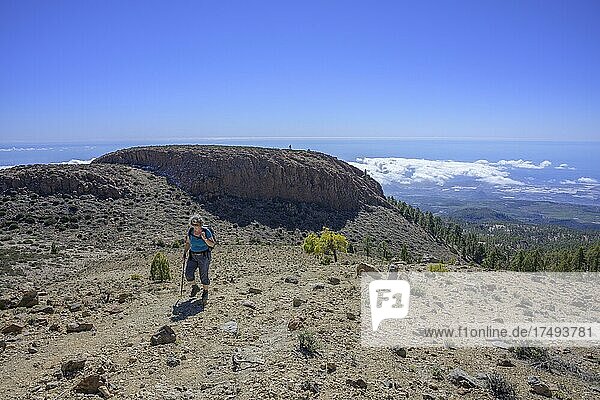 Hiker and in the background view to El Sombrero de Chasna  Vilaflor  Tenerife  Spain  Europe