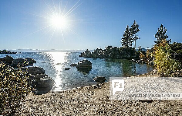 Sand beach and round stones in the water  bay at Lake Tahoe  Sand Harbor Beach  in autumn  Sand Harbor State Park  shore  California  USA  North America