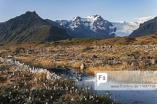 Reflection in a lake  view of glacier tongues and mountains  glacier tongues on the Vatnajökull glacier  Mount Kristínartindar  Vatnajökull National Park  Austurland  Iceland  Europe
