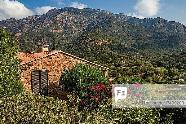 Dorf Girolata mit treppenfoermig angelegten Häusern im Naturreservat von Scandola  Korsika  Girolata  Korsika  Frankreich  Europa