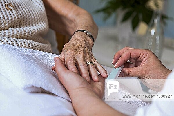 Nail care for a senior in a nursing home  Berlin  Germany  Europe