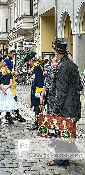 Artist with historical costume at a festival in the Nikolaiviertel quarter  Berlin  Germany  Europe