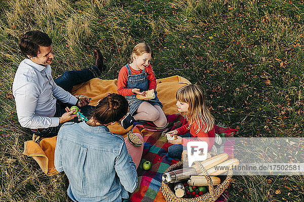 Glückliche Familie beim gemeinsamen Essen beim Picknick