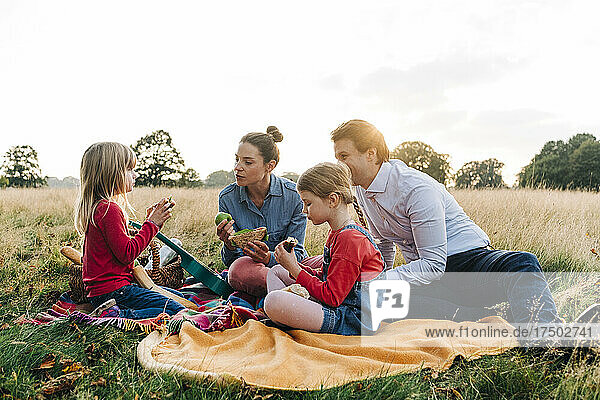 Family having food on picnic blanket at park