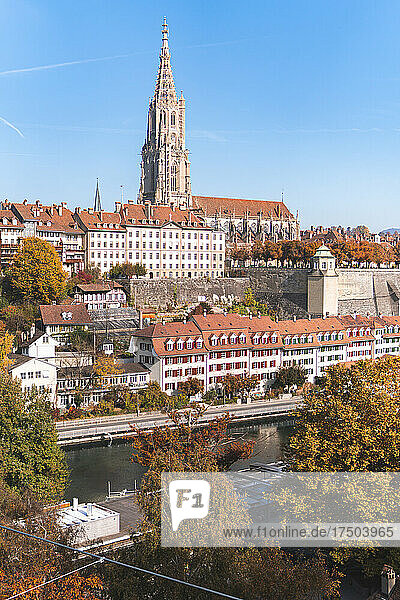 Bell tower and buildings in city at Bern  Switzerland