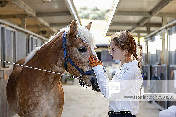 Redhead woman stroking horse at stable
