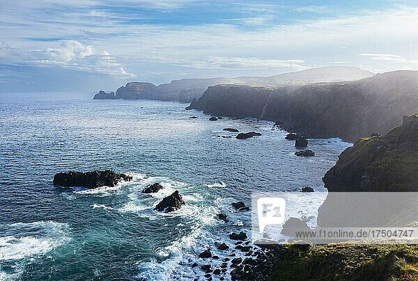 Portugal  Azores  Ribeira Grande  Drone view of cliffs of Sao Miguel Island