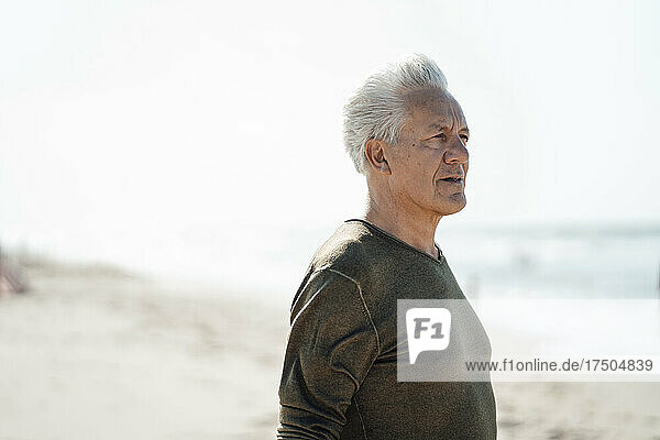 Senior man with gray hair at beach