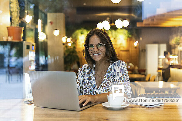 Smiling freelancer with laptop sitting in cafe
