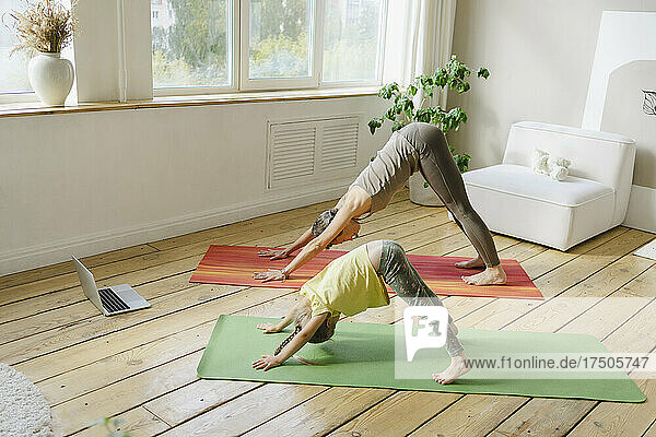 Mother and daughter doing downward facing dog posture at home