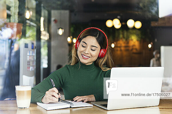 Geschäftsfrau schreibt mit Laptop Tagebuch im Café